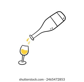 Wine bottle and glass. White vine bottle and wineglass. Hand drawn line elements. Champagne splashes. Vector illustration in doodle style on white background.