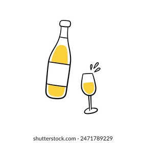 Wine bottle and glass. White vine bottle and wineglass. Hand drawn line elements. Champagne splashes. Vector illustration in doodle style on white background.