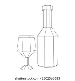 Wine bottle with wine glass. Wireframe low poly mesh vector illustration
