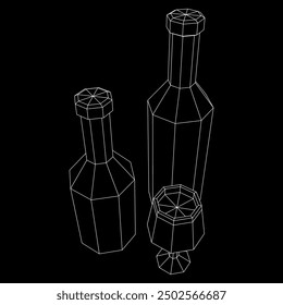 Wine bottle with wine glass. Wireframe low poly mesh vector illustration