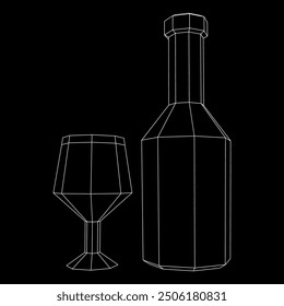 Wine bottle with wine glass. Wireframe low poly mesh vector illustration