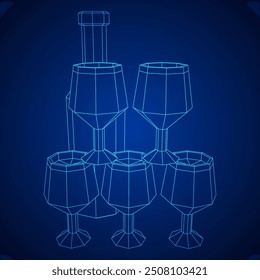 Wine bottle with wine glass. Wireframe low poly mesh vector illustration