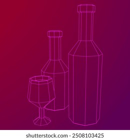 Wine bottle with wine glass. Wireframe low poly mesh vector illustration
