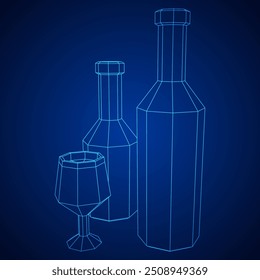 Wine bottle with wine glass. Wireframe low poly mesh vector illustration