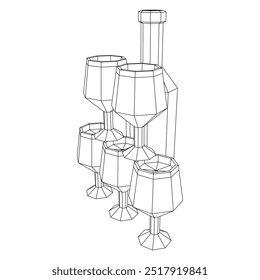 Garrafa de vinho com copo de vinho. Ilustração do vetor de malha de baixo poli do modelo de arames