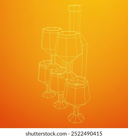 Wine bottle with wine glass. Wireframe low poly mesh vector illustration
