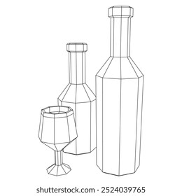 Wine bottle with wine glass. Wireframe low poly mesh vector illustration