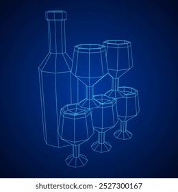 Wine bottle with wine glass. Wireframe low poly mesh vector illustration