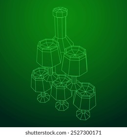 Wine bottle with wine glass. Wireframe low poly mesh vector illustration