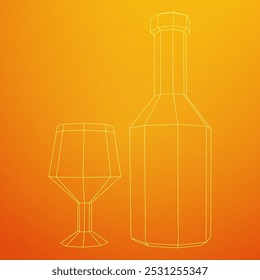 Wine bottle with wine glass. Wireframe low poly mesh vector illustration