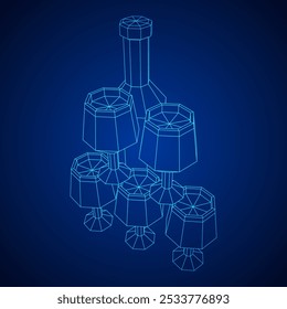 Botella de vino con copa de vino. Ilustración vectorial de malla de polietileno baja