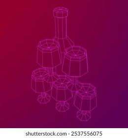 Wine bottle with wine glass. Wireframe low poly mesh vector illustration