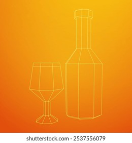 Wine bottle with wine glass. Wireframe low poly mesh vector illustration