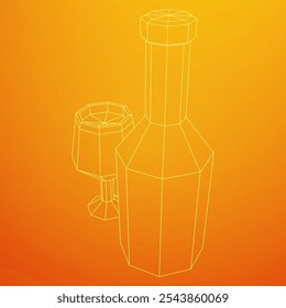 Wine bottle with wine glass. Wireframe low poly mesh vector illustration