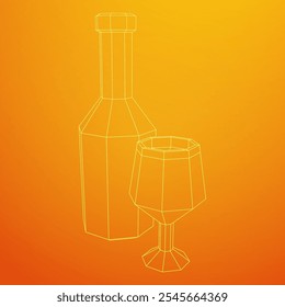 Garrafa de vinho com copo de vinho. Ilustração do vetor de malha de baixo poli do modelo de arames