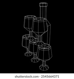 Garrafa de vinho com copo de vinho. Ilustração do vetor de malha de baixo poli do modelo de arames
