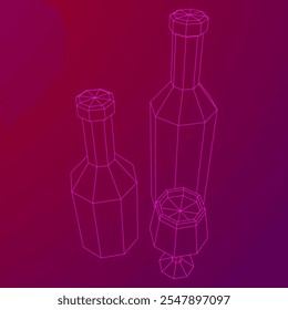 Wine bottle with wine glass. Wireframe low poly mesh vector illustration