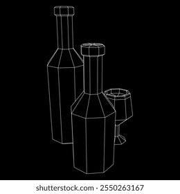 Wine bottle with wine glass. Wireframe low poly mesh vector illustration