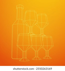 Garrafa de vinho com copo de vinho. Ilustração do vetor de malha de baixo poli do modelo de arames