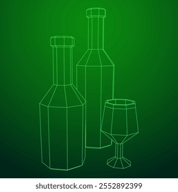Wine bottle with wine glass. Wireframe low poly mesh vector illustration