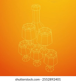Botella de vino con copa de vino. Ilustración vectorial de malla de polietileno baja