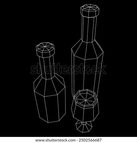 Wine bottle with wine glass. Wireframe low poly mesh vector illustration