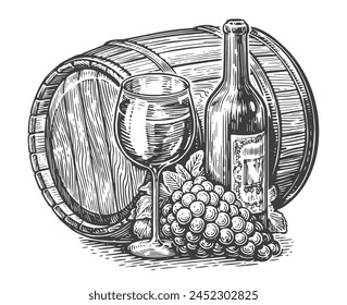 Wine bottle, glass of wine and wooden barrel. Vintage sketch vector illustration engraving style