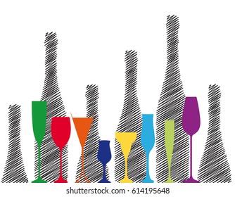 Wine bottle and glass.Alcoholic Bar Menu.Design for Party Ilustration .Template for Cocktail Card.Wine List Placard.Vector Background Bottles .