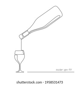Wine bottle and glass Alcoholic beverage Food   beverage concept Continuous line drawing Vector illustration  