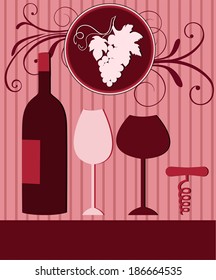 Wine bottle, wine glasses and corkscrew. Wine elements vector illustration
