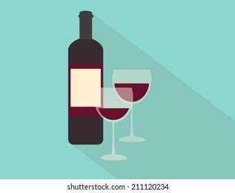 Wine bottle and glasses. Flat design vector.