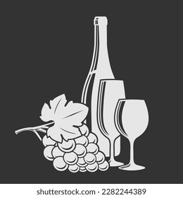 Wine bottle with wine glasses and grape isolated on dark background. Vector illustration