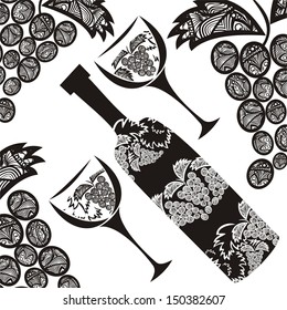 Wine bottle glasses grape vector illustration