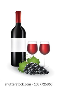 Wine bottle with glasses and grapes