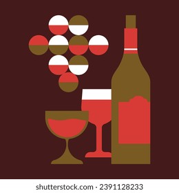 Wine bottle with glasses and grapes, vector wine illustration, wine icons for wineries, restaurants and wine shops