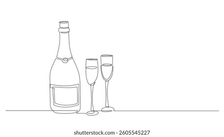 Wine Bottle and Wine Glasses Hand Drawn One Line Drawing. Wine Abstract Minimal Simple Linear Drawing. Drink Concept One Line Vector Illustration. Modern Trendy Contour Art. Not AI