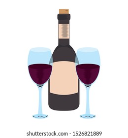 wine bottle and glasses icon over white background, vector illustration