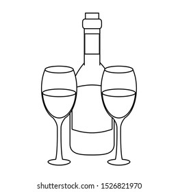 wine bottle and glasses icon over white background, vector illustration