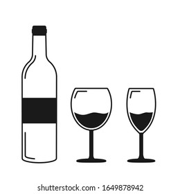 Wine bottle and glasses icon. Icon of wine bottle and glasses of wine. Vector.