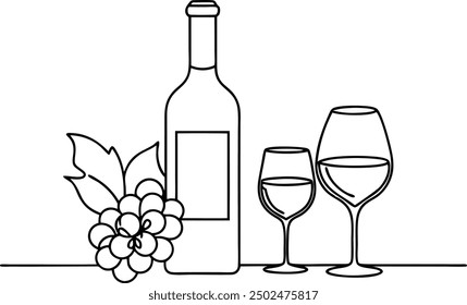 Wine Bottle and Glasses Line Art Illustration with Flower