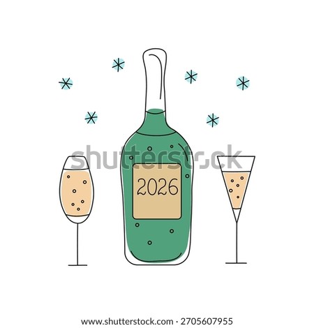 Wine bottle, wine glasses, linear Christmas icons. Drawings, doodles. Holiday set. Champagne, alcoholic drinks.