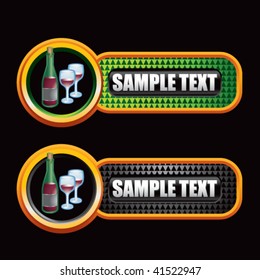 wine bottle and glasses on green and black checkered banners