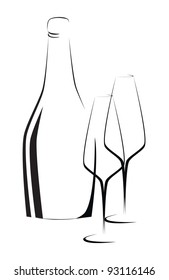 Wine bottle and glasses outline vector