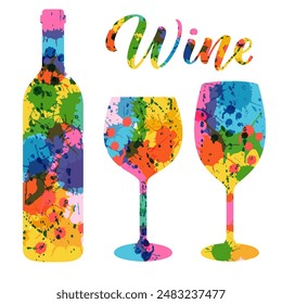 Wine bottle and glasses silhouette with watercolor texture. Vector hand drawn illustration isolated on white background. Winery shop label, poster, print, greeting card design elements