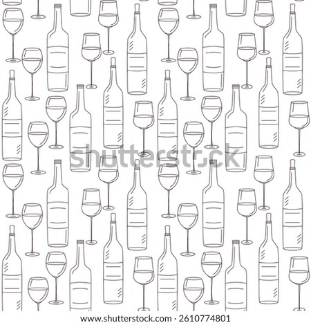 Wine bottle and wine glasses in sketch style seamless vector pattern, design for packaging, decoration, wallpaper. 