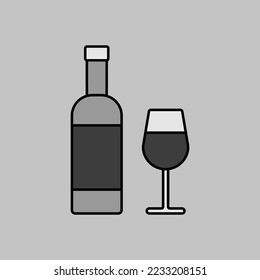 Wine bottle and glasses vector grayscale icon. Barbecue and bbq grill sign. Graph symbol for cooking web site and apps design, logo, app, UI
