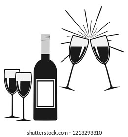 Wine bottle and glasses. Vector illustration.