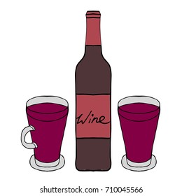 Wine bottle and glasses vector illustration. Doodle style. Design icon, print, logo, poster, symbol, decor, textile, paper, card. 