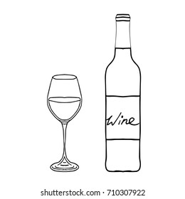 Wine bottle and glasses vector illustration. Doodle style. Design icon, print, logo, poster, symbol, decor, textile, paper, card. 
