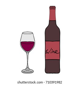 Wine bottle and glasses vector illustration. Doodle style. Design icon, print, logo, poster, symbol, decor, textile, paper, card. 
